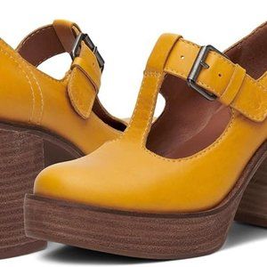 Lucky Brand Ominie 9.5 womens t-strap platform stacked heel leather buckle shoes